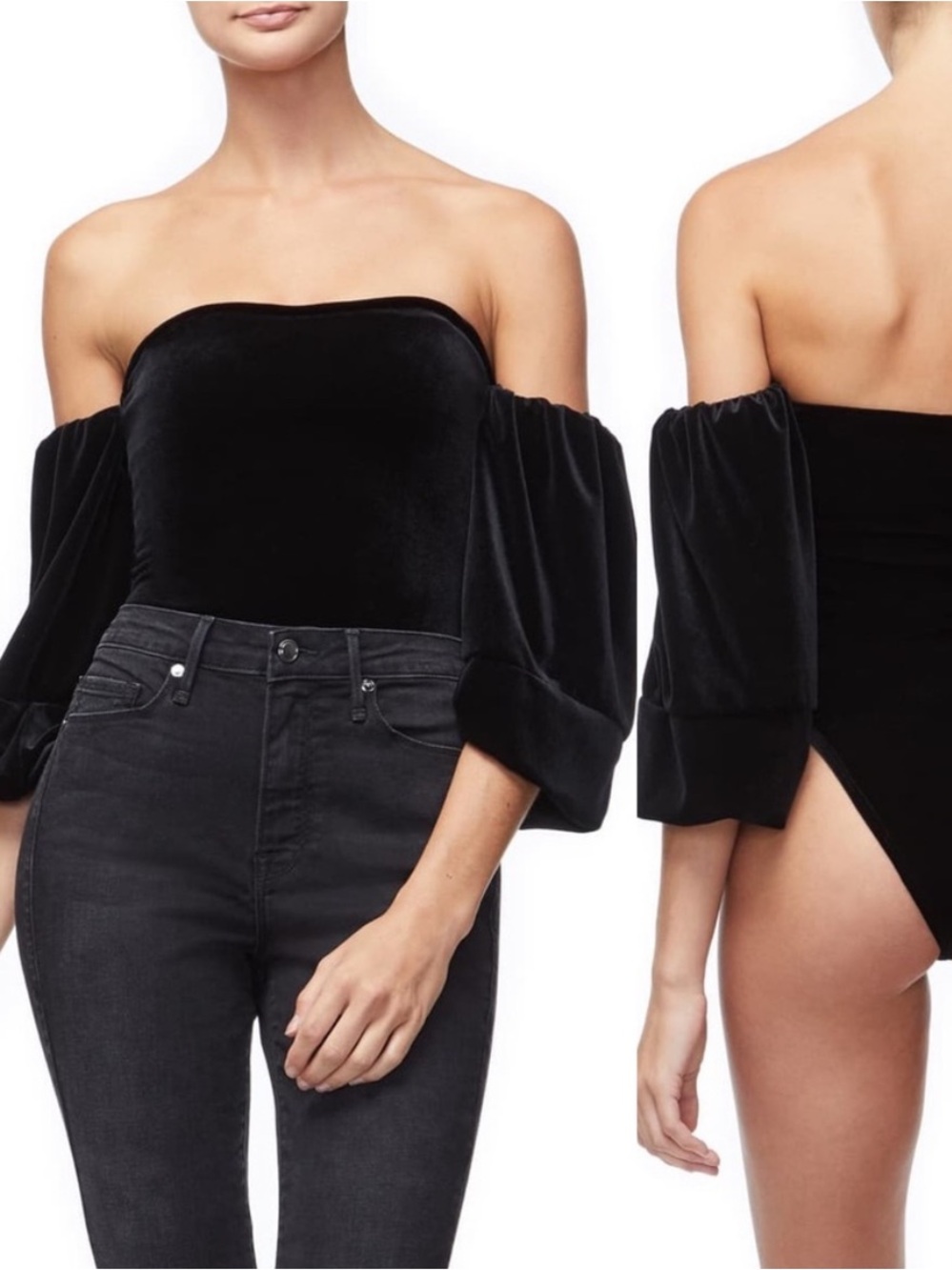 Good American Black Off-the-Shoulder Velvet Bodysuit with Puff Sleeves